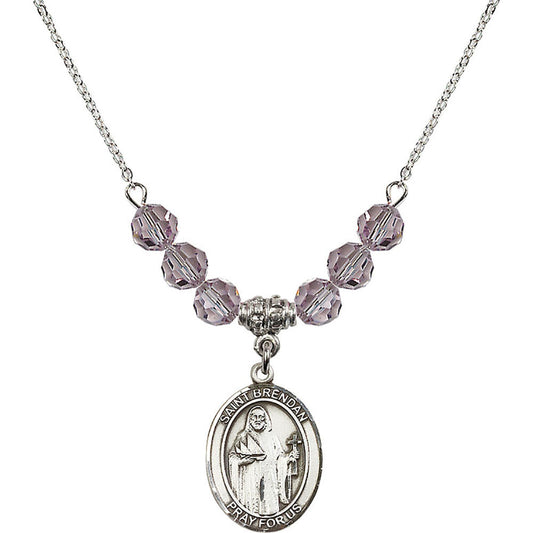 Sterling Silver Saint Brendan the Navigator Birthstone Necklace with Light Amethyst Beads - 8018