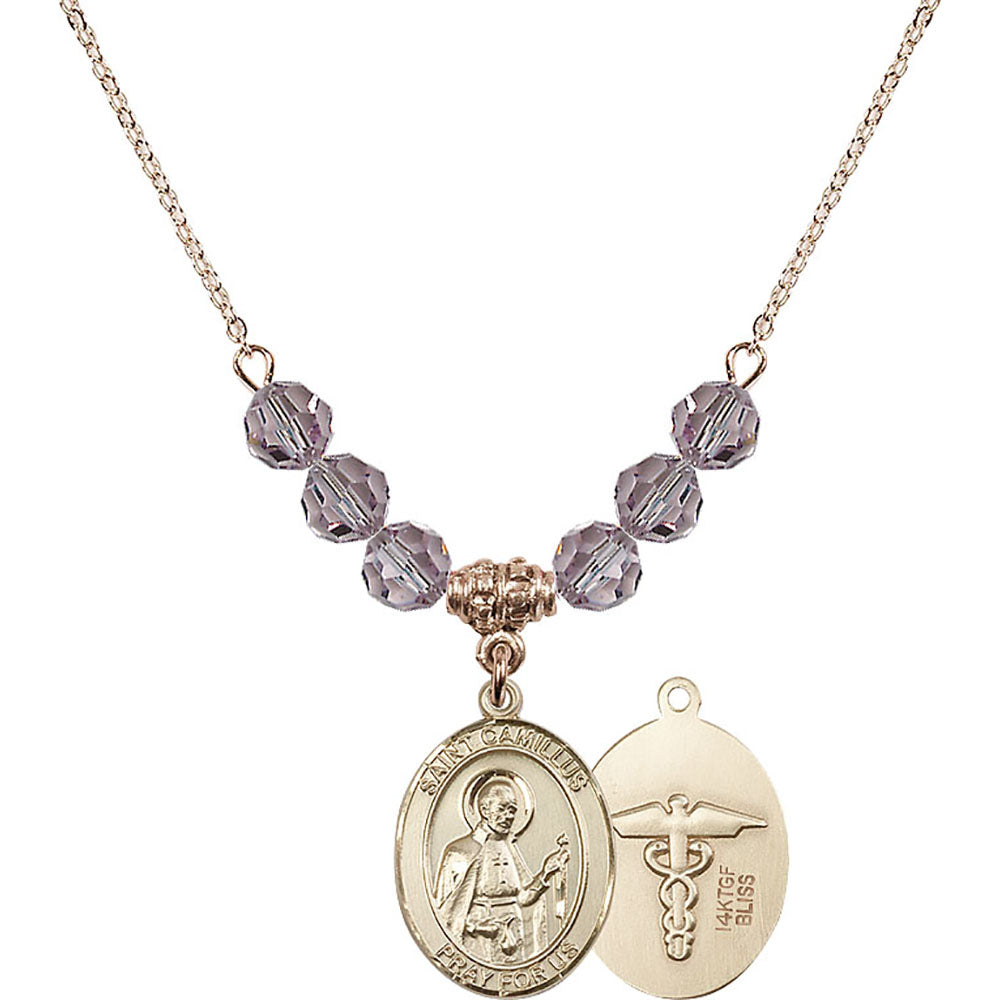 14kt Gold Filled Saint Camillus of Lellis / Nurse Birthstone Necklace with Light Amethyst Beads - 8019