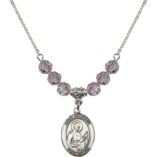 Sterling Silver Saint Camillus of Lellis Birthstone Necklace with Light Amethyst Beads - 8019