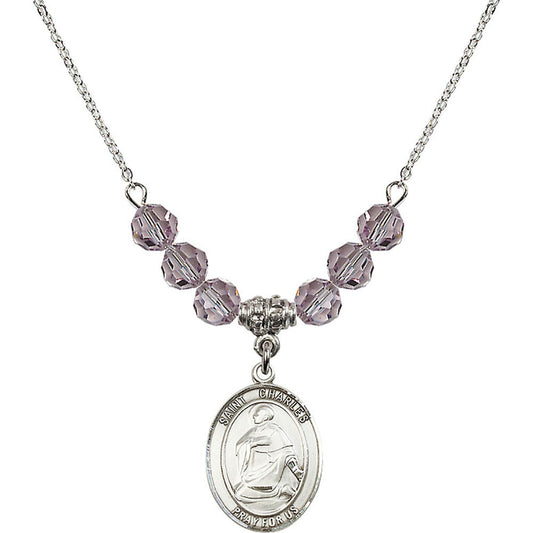 Sterling Silver Saint Charles Borromeo Birthstone Necklace with Light Amethyst Beads - 8020