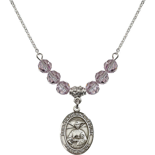 Sterling Silver Saint Catherine Laboure Birthstone Necklace with Light Amethyst Beads - 8021
