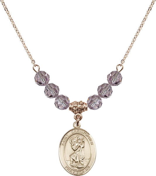 14kt Gold Filled Saint Christopher Birthstone Necklace with Light Amethyst Beads - 8022