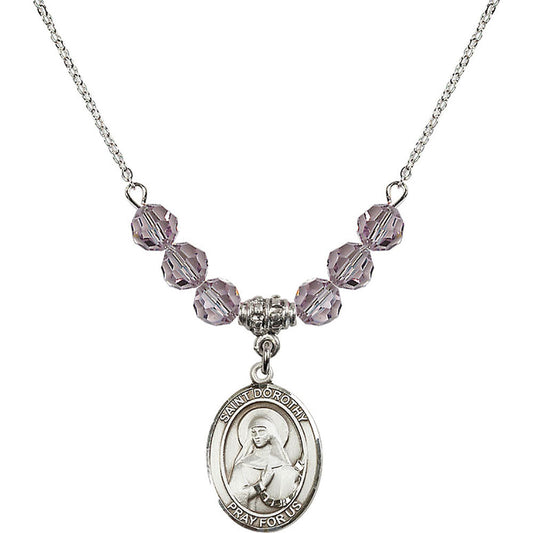 Sterling Silver Saint Dorothy Birthstone Necklace with Light Amethyst Beads - 8023