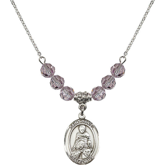 Sterling Silver Saint Daniel Birthstone Necklace with Light Amethyst Beads - 8024