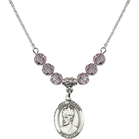 Sterling Silver Saint Edward the Confessor Birthstone Necklace with Light Amethyst Beads - 8026