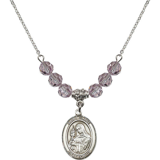 Sterling Silver Saint Clare of Assisi Birthstone Necklace with Light Amethyst Beads - 8028