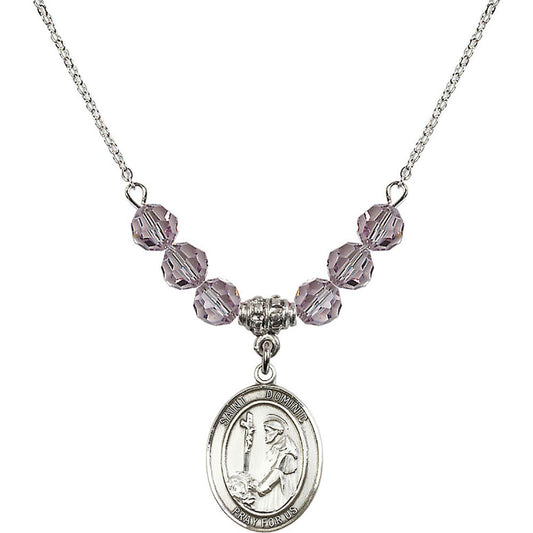 Sterling Silver Saint Dominic de Guzman Birthstone Necklace with Light Amethyst Beads - 8030