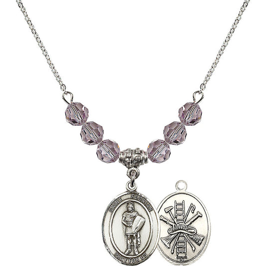 Sterling Silver Saint Florian/Firefighter Birthstone Necklace with Light Amethyst Beads - 8034