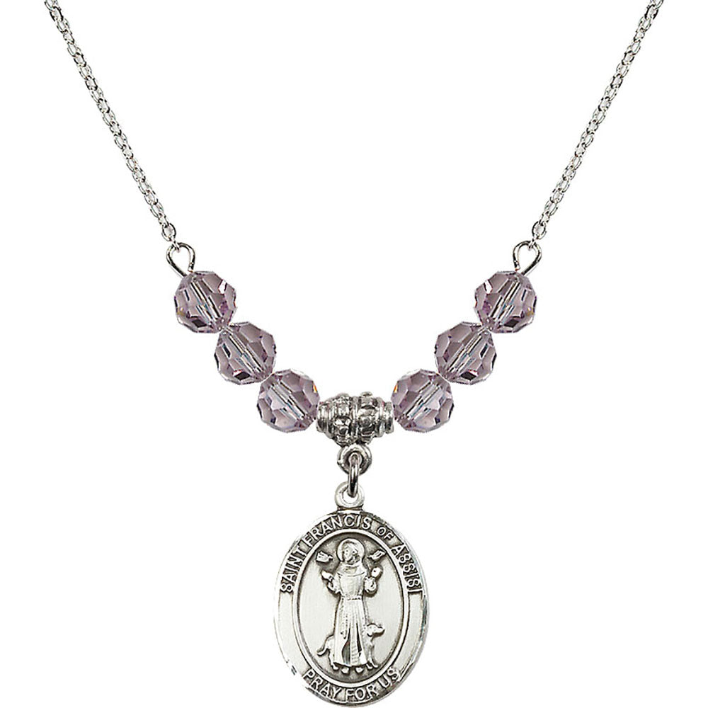 Sterling Silver Saint Francis of Assisi Birthstone Necklace with Light Amethyst Beads - 8036