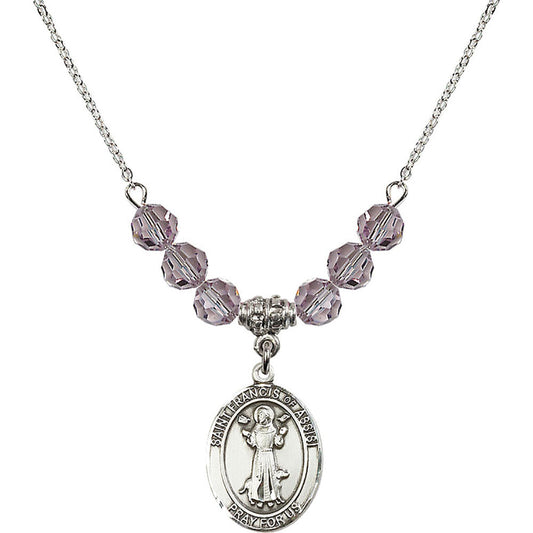 Sterling Silver Saint Francis of Assisi Birthstone Necklace with Light Amethyst Beads - 8036