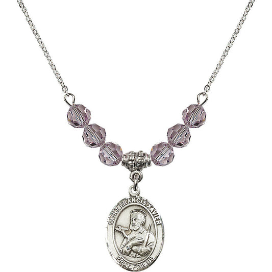 Sterling Silver Saint Francis Xavier Birthstone Necklace with Light Amethyst Beads - 8037