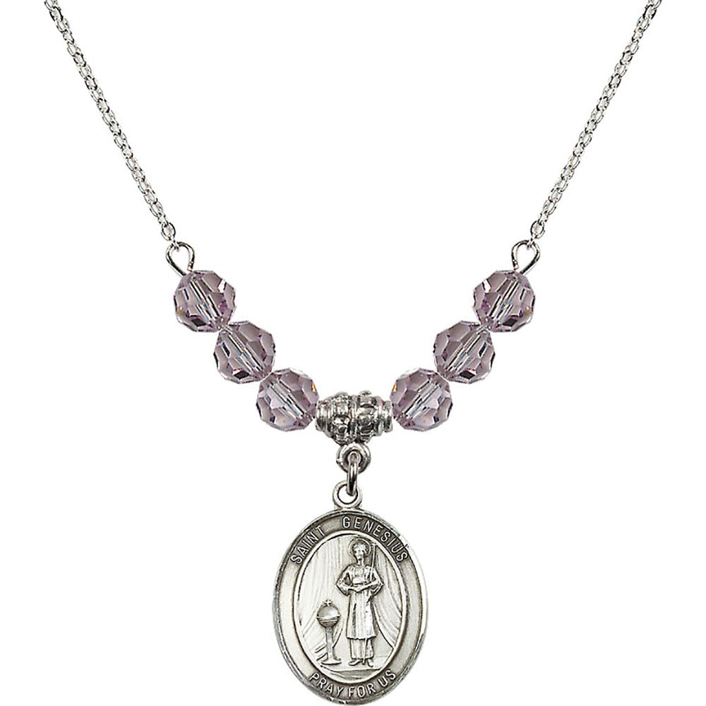 Sterling Silver Saint Genesius of Rome Birthstone Necklace with Light Amethyst Beads - 8038