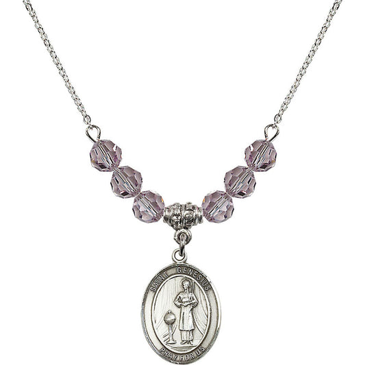 Sterling Silver Saint Genesius of Rome Birthstone Necklace with Light Amethyst Beads - 8038