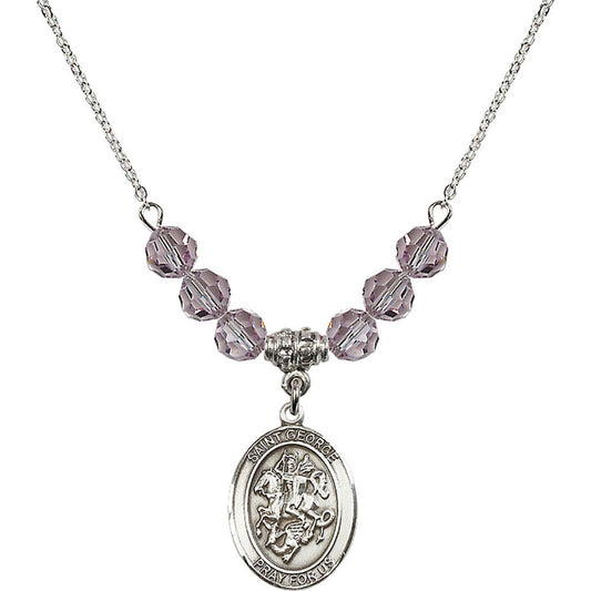 Sterling Silver Saint George Birthstone Necklace with Light Amethyst Beads - 8040