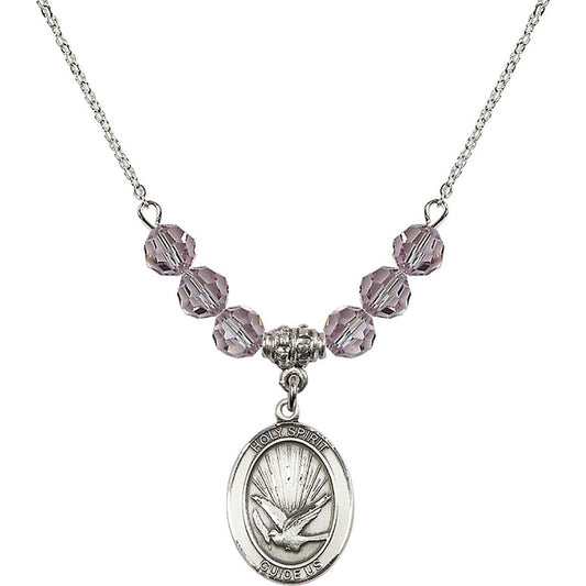 Sterling Silver Holy Spirit Birthstone Necklace with Light Amethyst Beads - 8044