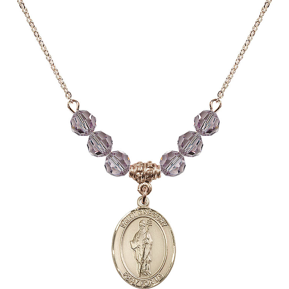 14kt Gold Filled Saint Gregory the Great Birthstone Necklace with Light Amethyst Beads - 8048