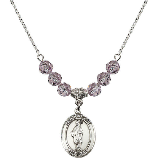 Sterling Silver Saint Gregory the Great Birthstone Necklace with Light Amethyst Beads - 8048