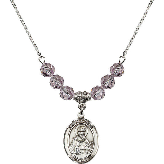 Sterling Silver Saint Isidore of Seville Birthstone Necklace with Light Amethyst Beads - 8049