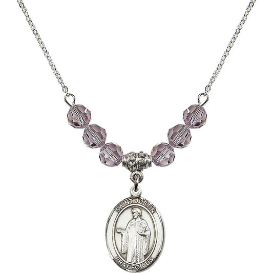 Sterling Silver Saint Justin Birthstone Necklace with Light Amethyst Beads - 8052