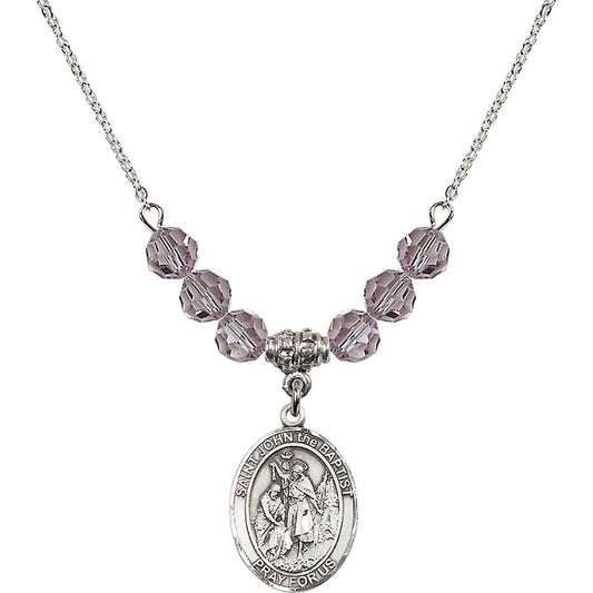 Sterling Silver Saint John the Baptist Birthstone Necklace with Light Amethyst Beads - 8054