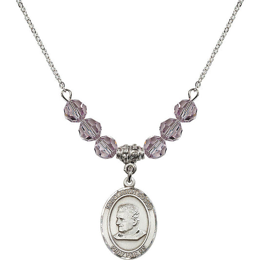 Sterling Silver Saint John Bosco Birthstone Necklace with Light Amethyst Beads - 8055