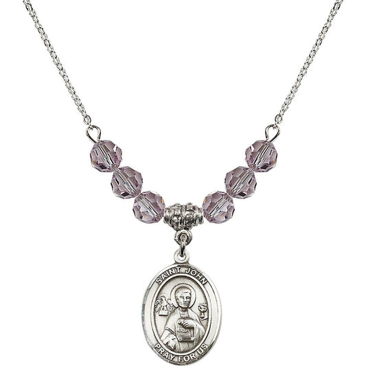 Sterling Silver Saint John the Apostle Birthstone Necklace with Light Amethyst Beads - 8056