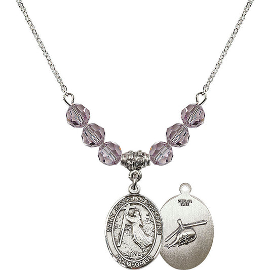 Sterling Silver Saint Joseph of Cupertino/Helecopter Birthstone Necklace with Light Amethyst Beads - 8057