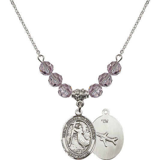 Sterling Silver Saint Joseph of Cupertino Birthstone Necklace with Light Amethyst Beads - 8057