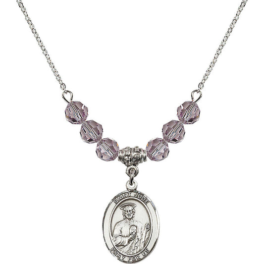 Sterling Silver Saint Jude Thaddeus Birthstone Necklace with Light Amethyst Beads - 8060