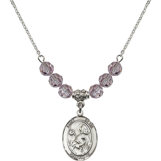 Sterling Silver Saint Kevin Birthstone Necklace with Light Amethyst Beads - 8062