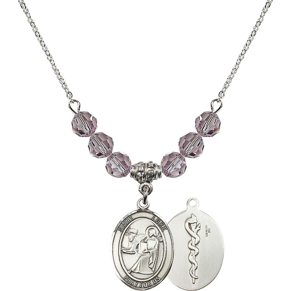 Sterling Silver Saint Luke the Apostle / Doctor Birthstone Necklace with Light Amethyst Beads - 8068