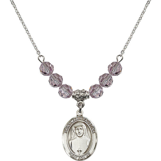 Sterling Silver Saint Maria Faustina Birthstone Necklace with Light Amethyst Beads - 8069