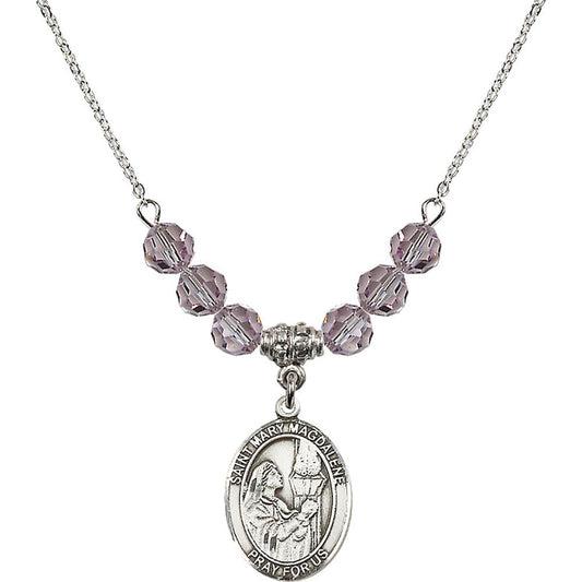 Sterling Silver Saint Mary Magdalene Birthstone Necklace with Light Amethyst Beads - 8071