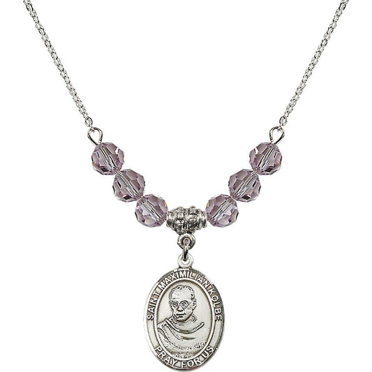 Sterling Silver Saint Maximilian Kolbe Birthstone Necklace with Light Amethyst Beads - 8073