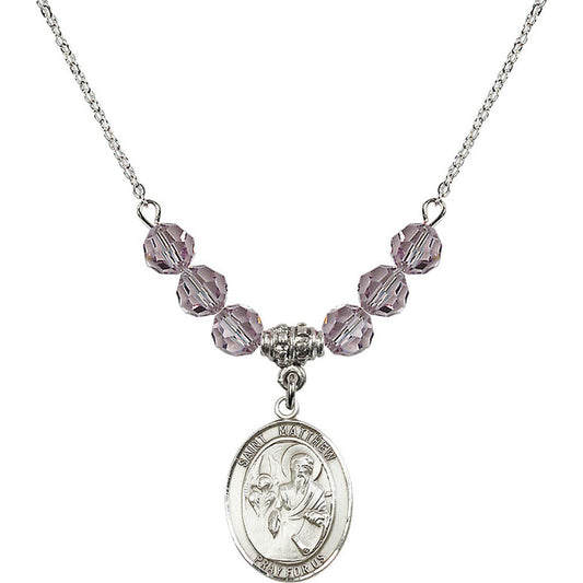 Sterling Silver Saint Matthew the Apostle Birthstone Necklace with Light Amethyst Beads - 8074