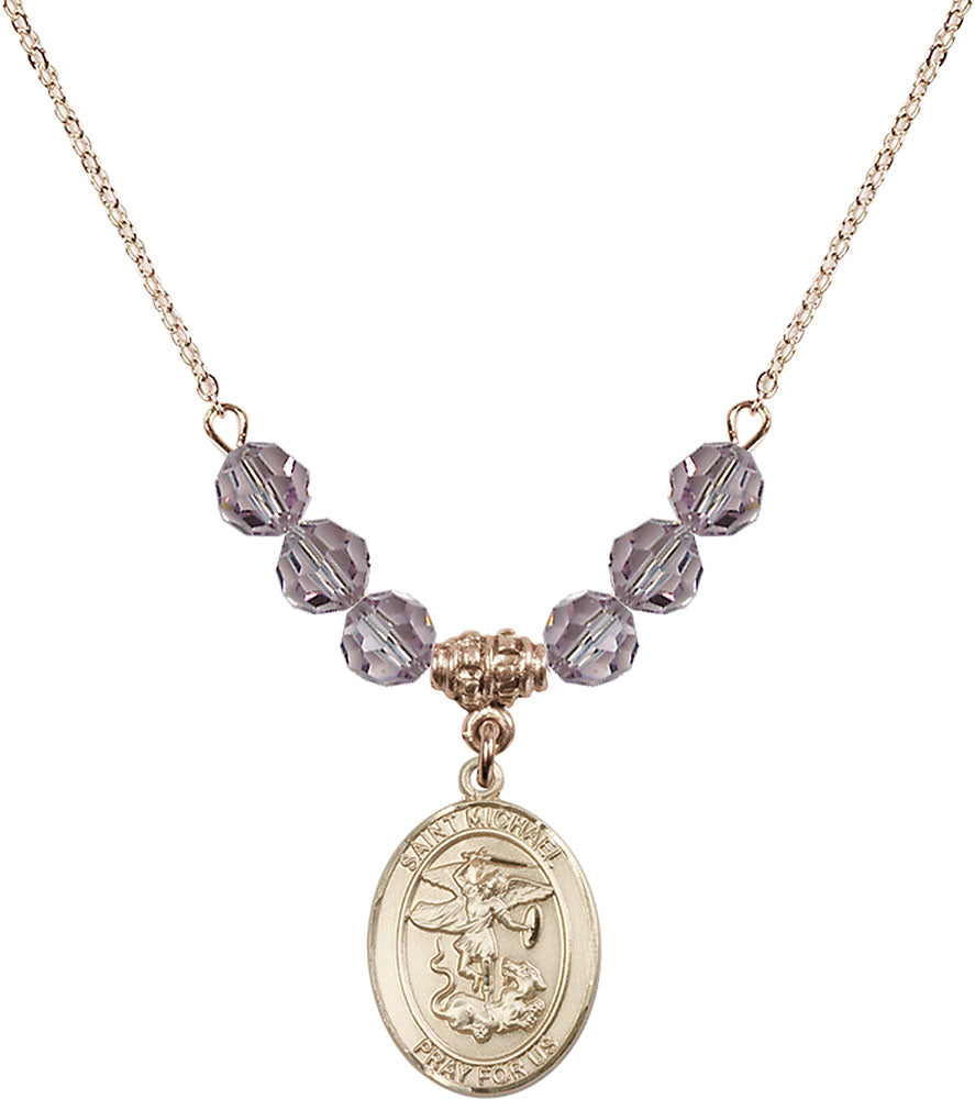 14kt Gold Filled Saint Michael the Archangel Birthstone Necklace with Light Amethyst Beads - 8076