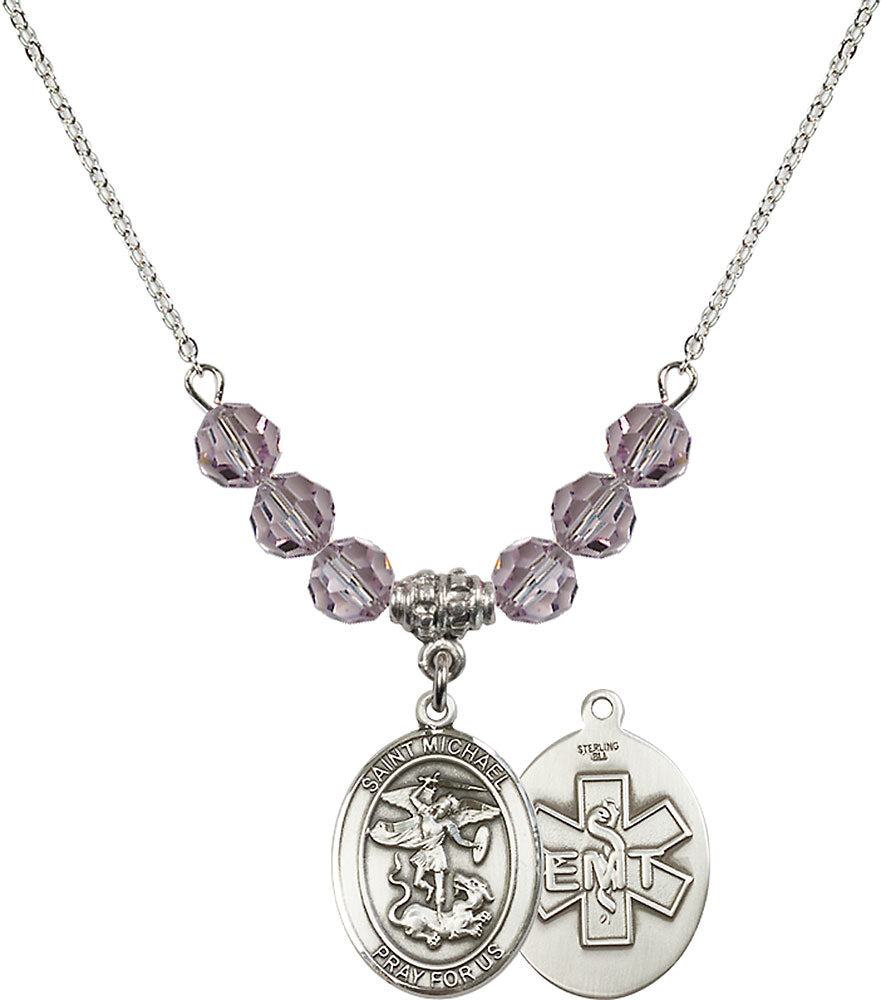 Sterling Silver Saint Michael / EMT Birthstone Necklace with Light Amethyst Beads - 8076