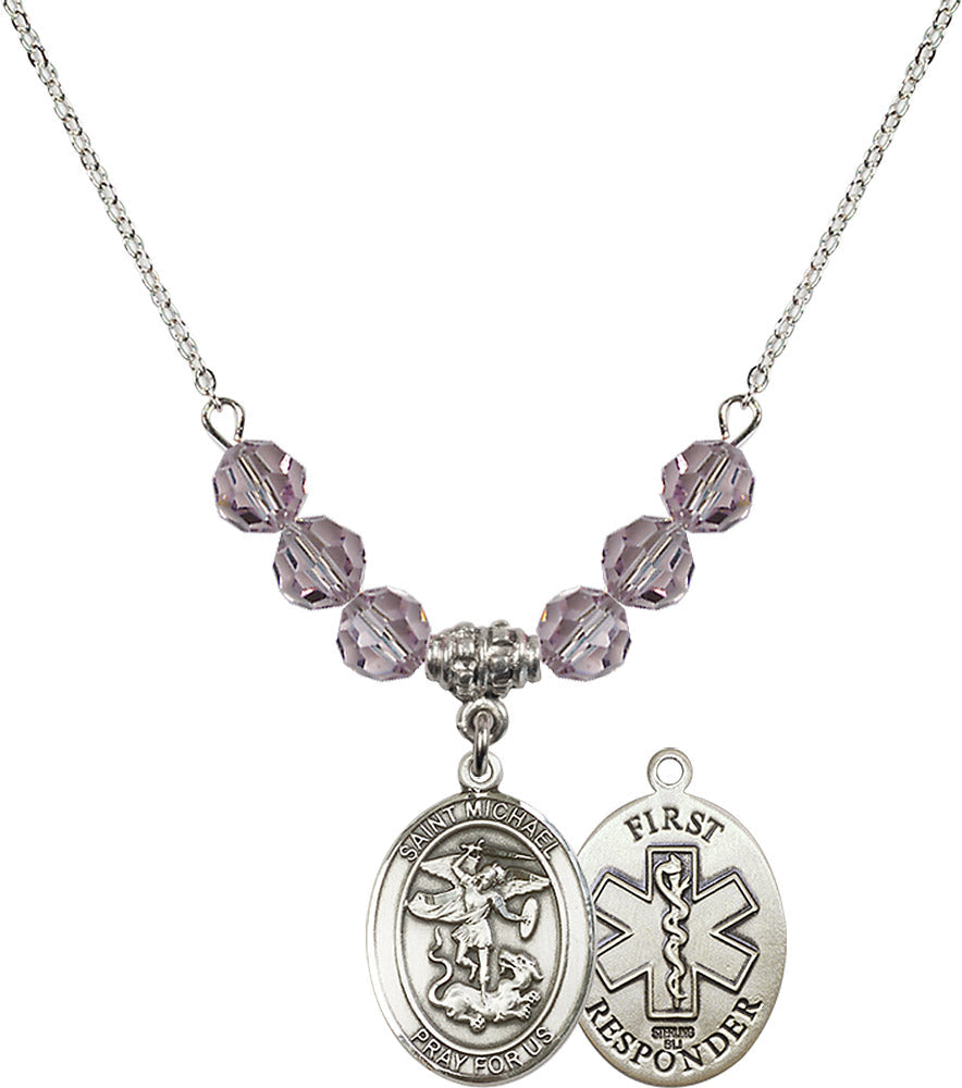 Sterling Silver Saint Michael/1St Responder Birthstone Necklace with Light Amethyst Beads - 8076