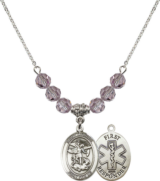 Sterling Silver Saint Michael/1St Responder Birthstone Necklace with Light Amethyst Beads - 8076