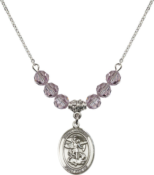Sterling Silver Saint Michael the Archangel Birthstone Necklace with Light Amethyst Beads - 8076