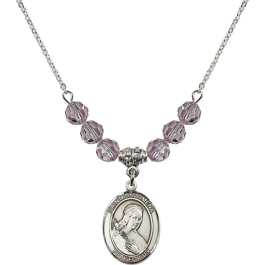 Sterling Silver Saint Philomena Birthstone Necklace with Light Amethyst Beads - 8077