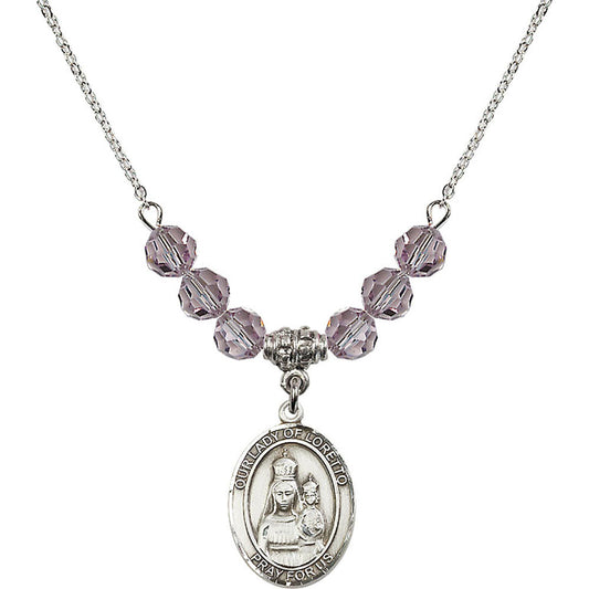 Sterling Silver Our Lady of Loretto Birthstone Necklace with Light Amethyst Beads - 8082