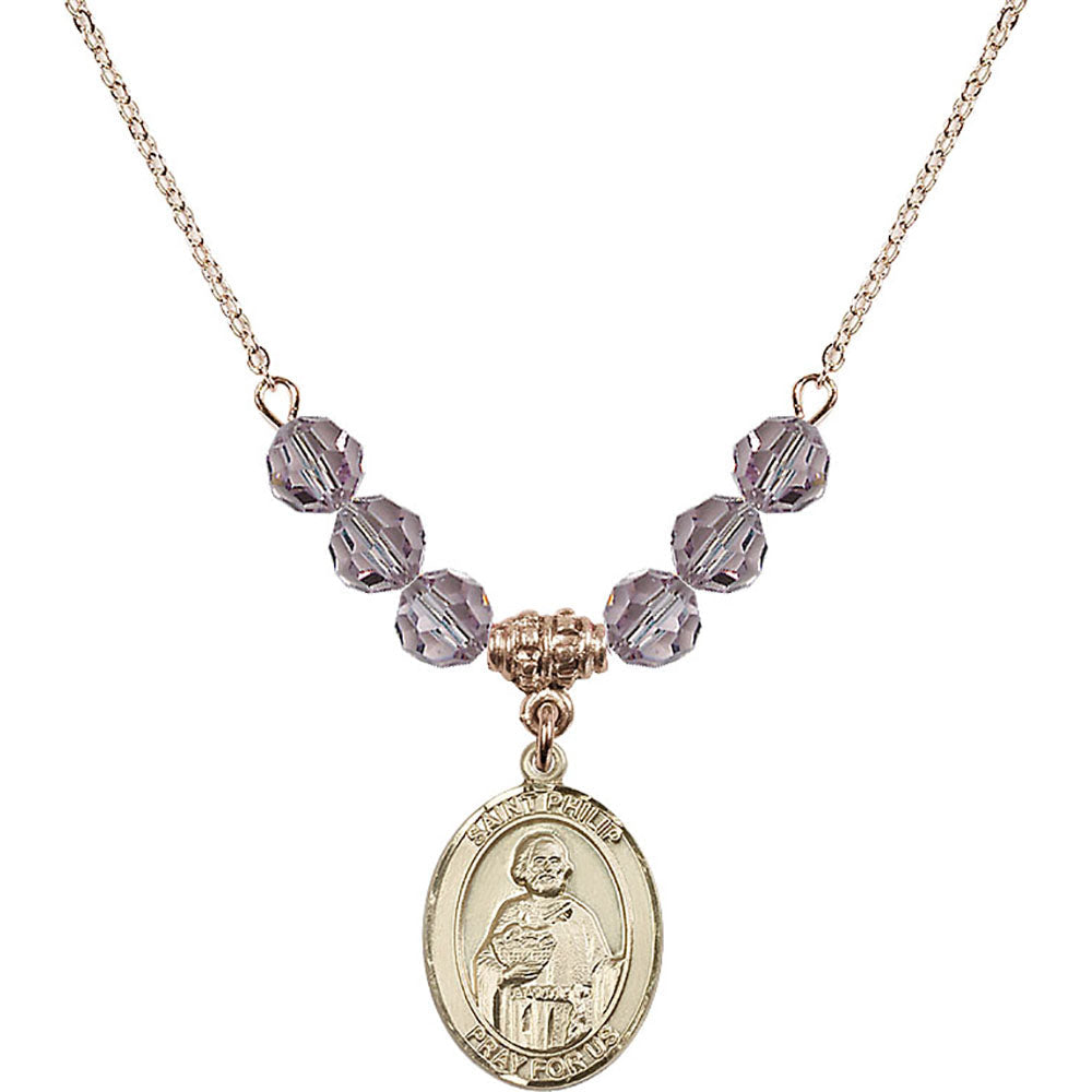 14kt Gold Filled Saint Philip the Apostle Birthstone Necklace with Light Amethyst Beads - 8083