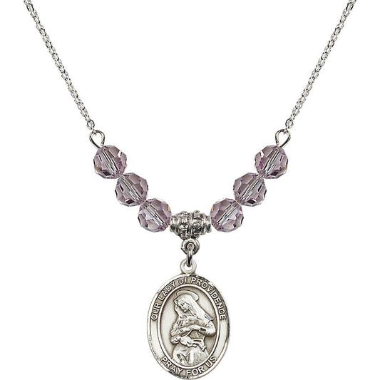 Sterling Silver Our Lady of Providence Birthstone Necklace with Light Amethyst Beads - 8087