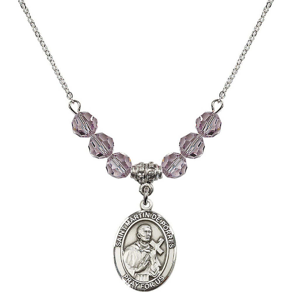 Sterling Silver Saint Martin de Porres Birthstone Necklace with Light Amethyst Beads - 8089