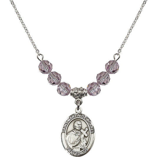 Sterling Silver Saint Martin de Porres Birthstone Necklace with Light Amethyst Beads - 8089