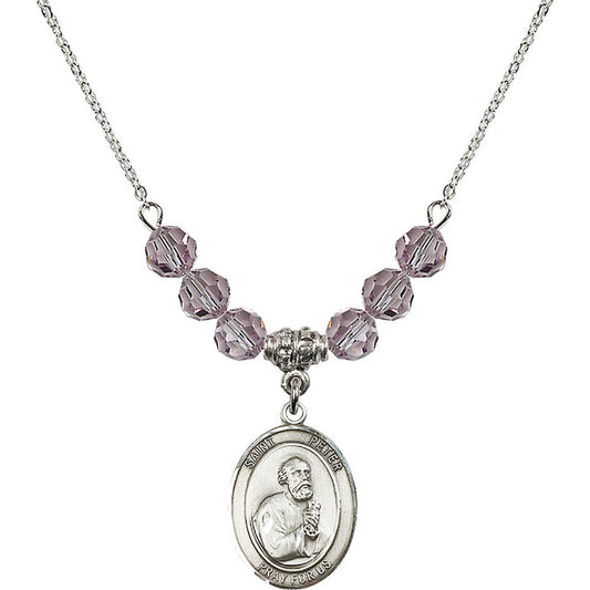 Sterling Silver Saint Peter the Apostle Birthstone Necklace with Light Amethyst Beads - 8090