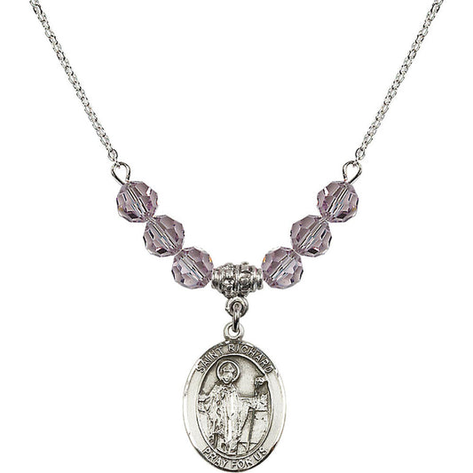 Sterling Silver Saint Richard Birthstone Necklace with Light Amethyst Beads - 8093