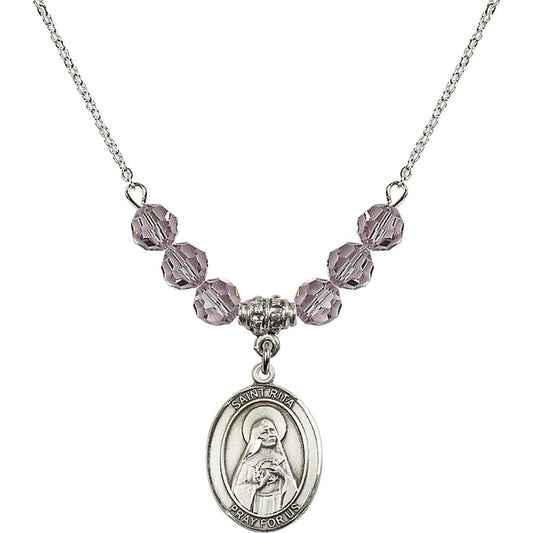 Sterling Silver Saint Rita of Cascia Birthstone Necklace with Light Amethyst Beads - 8094