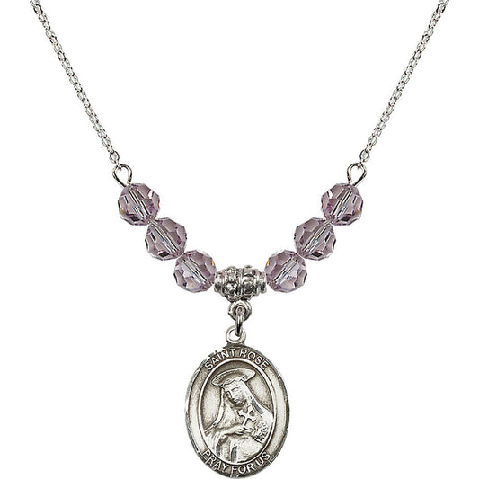 Sterling Silver Saint Rose of Lima Birthstone Necklace with Light Amethyst Beads - 8095